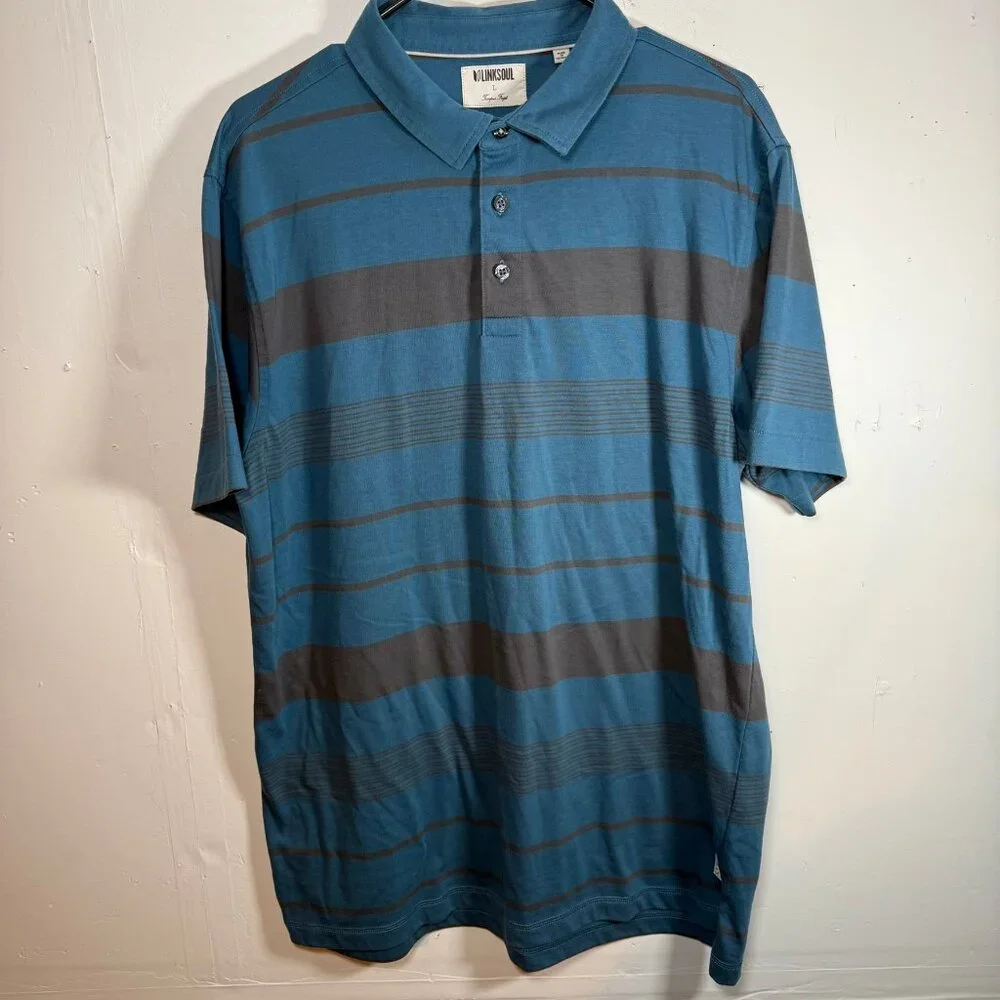 MENS LARGE LINKSOUL POLO SHORT SLEEVE SHIRT PREPPY GOLF LUXURY BLUE‎ GRAY STRIPE